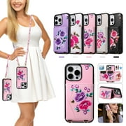 iPhone 16 Case Wallet for Women Girls, Floral Case with Cards Holder \u0026 Makeup Mirror Hand Wrist Crossybody Shoulder Strap RFID Blocking Purse Cover Case for Apple iPhone 16,Pink